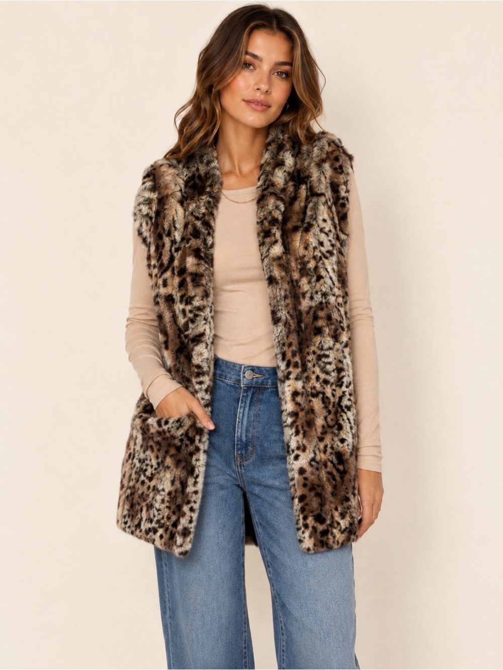 Rachel Roy Faux Fur Leopard Animal Print Vest Size Large